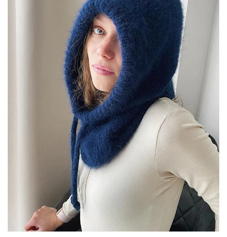 Women's Autumn & Winter Warm Scarf-Neck Woolen Knitted Hat - Dome Style Rabbit Fur