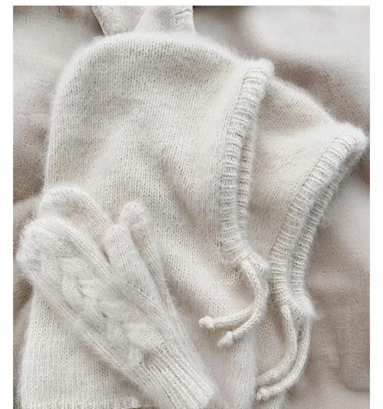 Women's Autumn & Winter Warm Scarf-Neck Woolen Knitted Hat - Dome Style Rabbit Fur