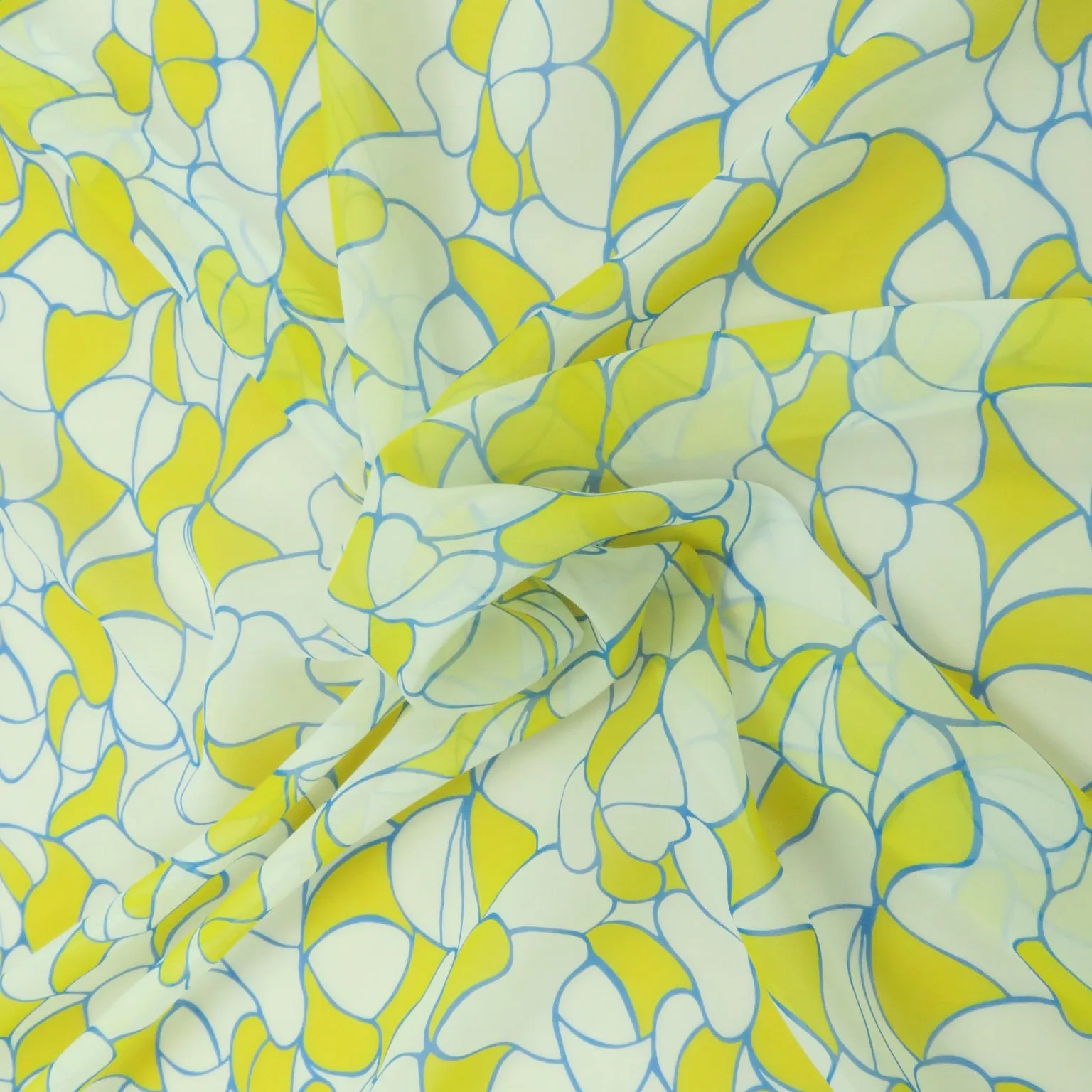Yellow and White Abstract Printed Silk Chiffon Fabric