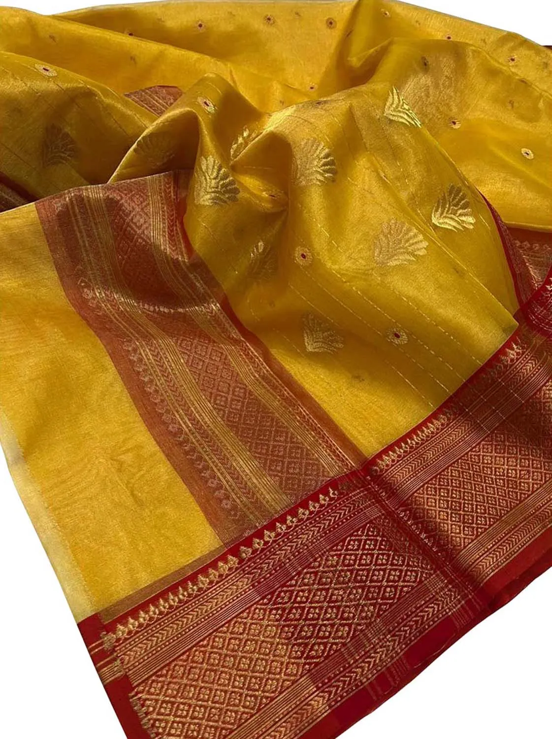 Yellow Chanderi Handloom Silk Saree with Organza Tissue
