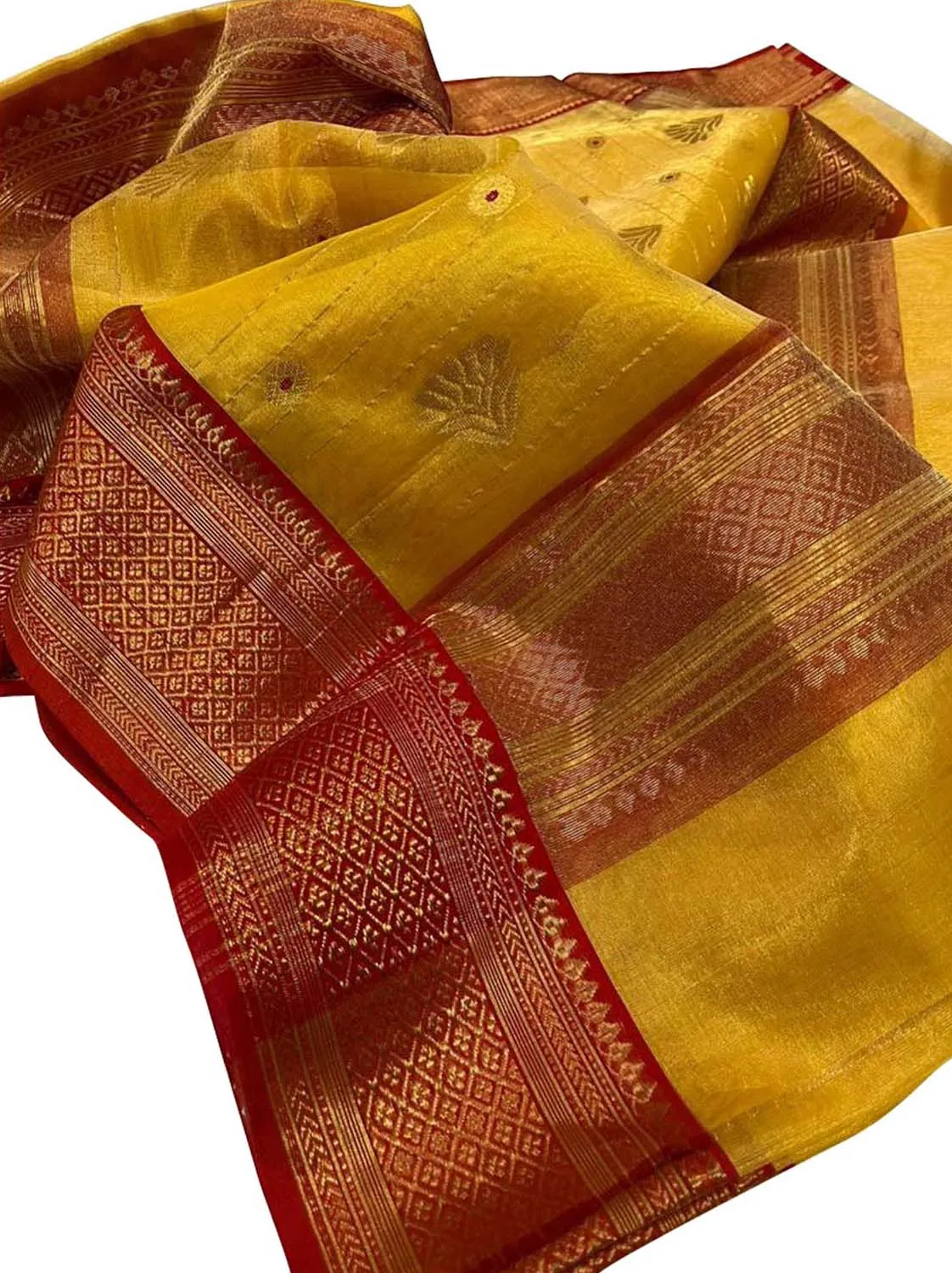 Yellow Chanderi Handloom Silk Saree with Organza Tissue